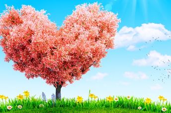 Green grass and spring flowers by tree in the shape of a heart to represent giving help to others.
