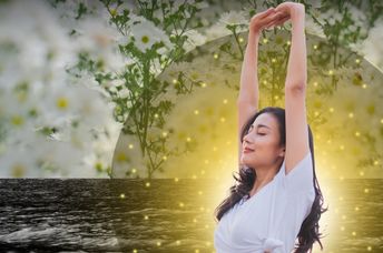 A woman meditating.