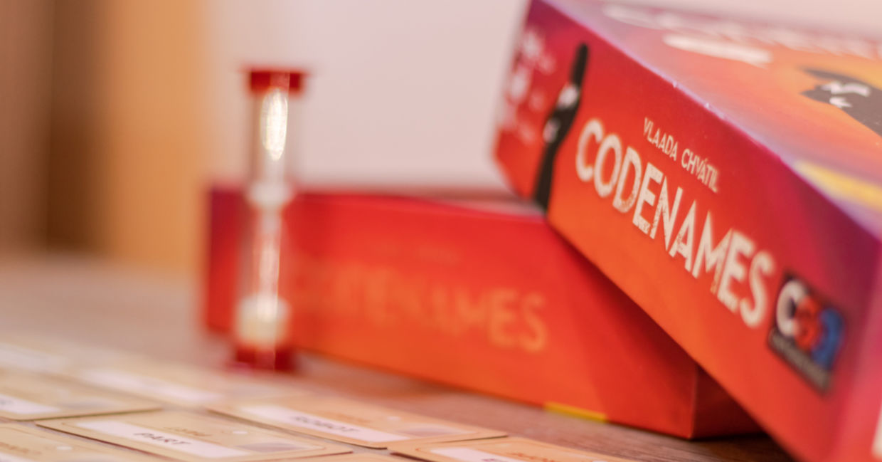Game of Codenames set up to play. Game of Codenames set up to play.