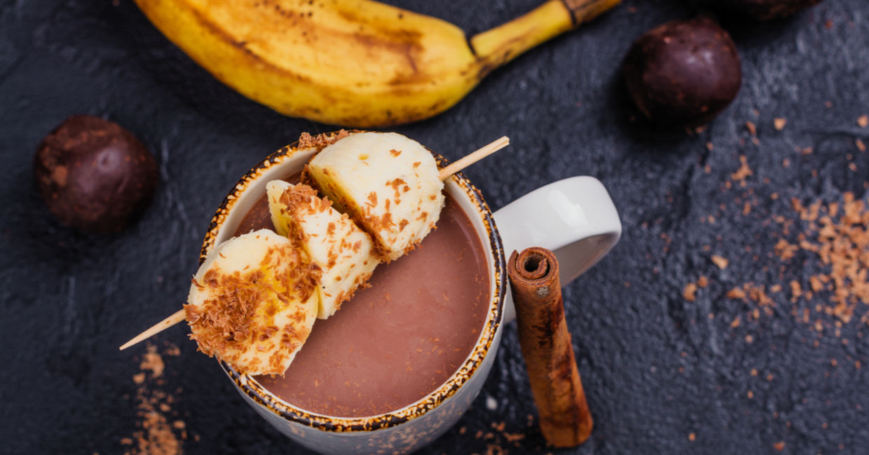 This comforting mug of hot cocoa is made with bananas and topped with marshmallows! This comforting mug of hot cocoa is made with bananas and topped with marshmallows!