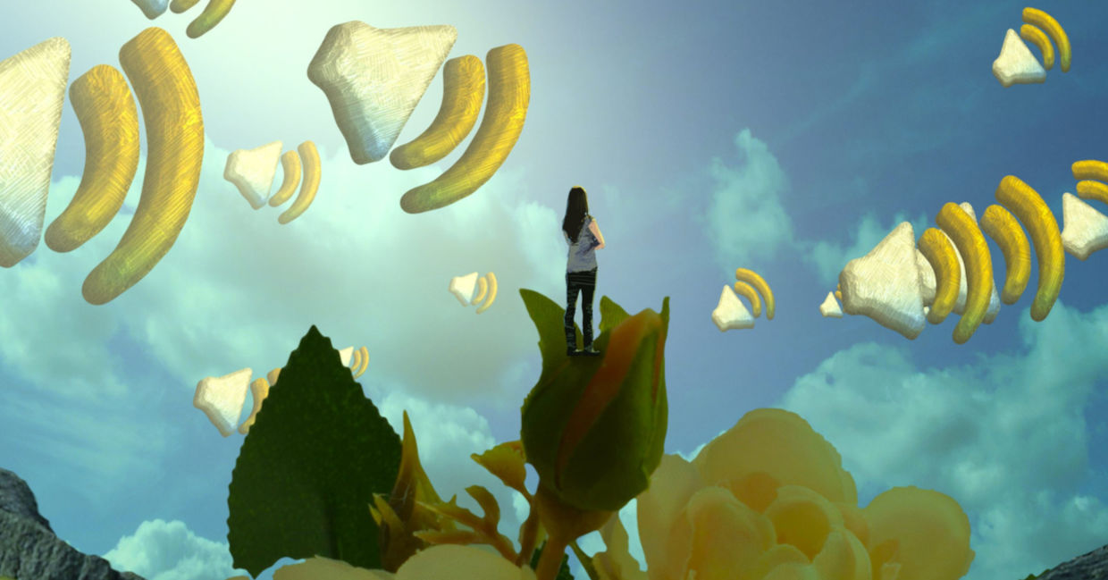 Dreamy illustration of woman listening to higher self. Dreamy illustration of woman listening to higher self.