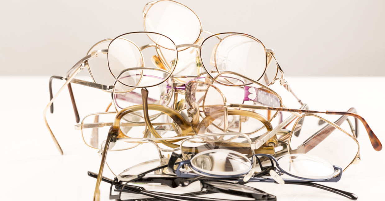 Old eyeglasses ready for recycling Old eyeglasses ready for recycling