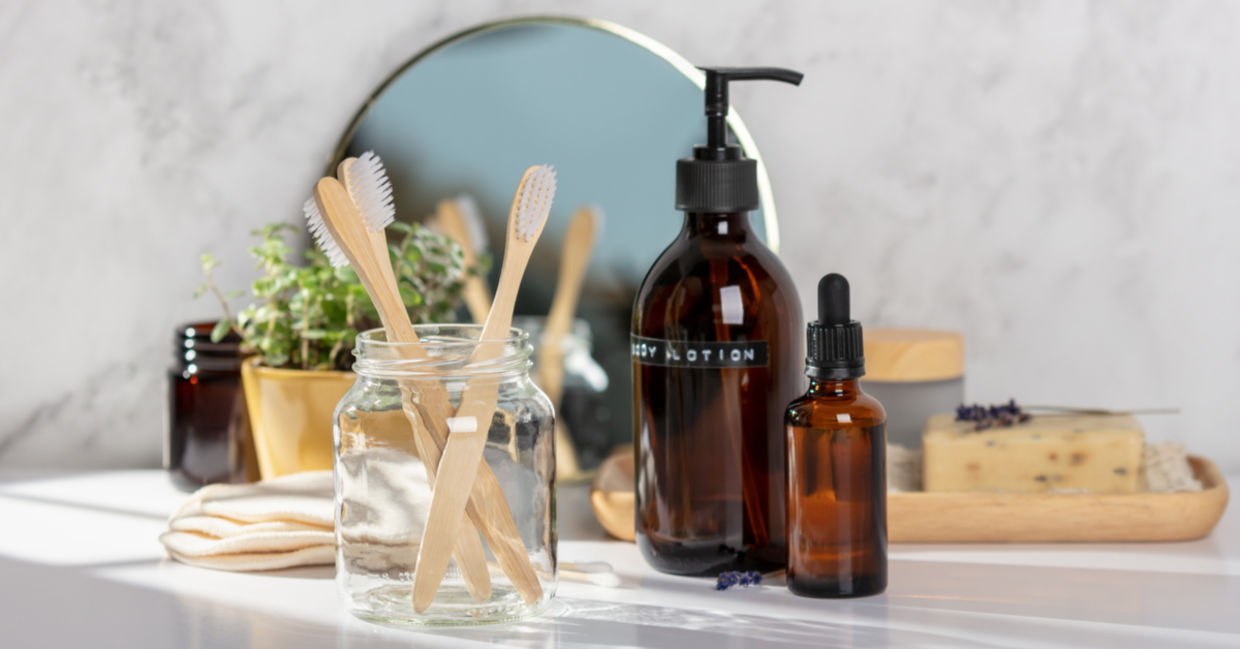 An eco-friendly bathroom with toothbrushes and DIY beauty products. An eco-friendly bathroom with toothbrushes and DIY beauty products.