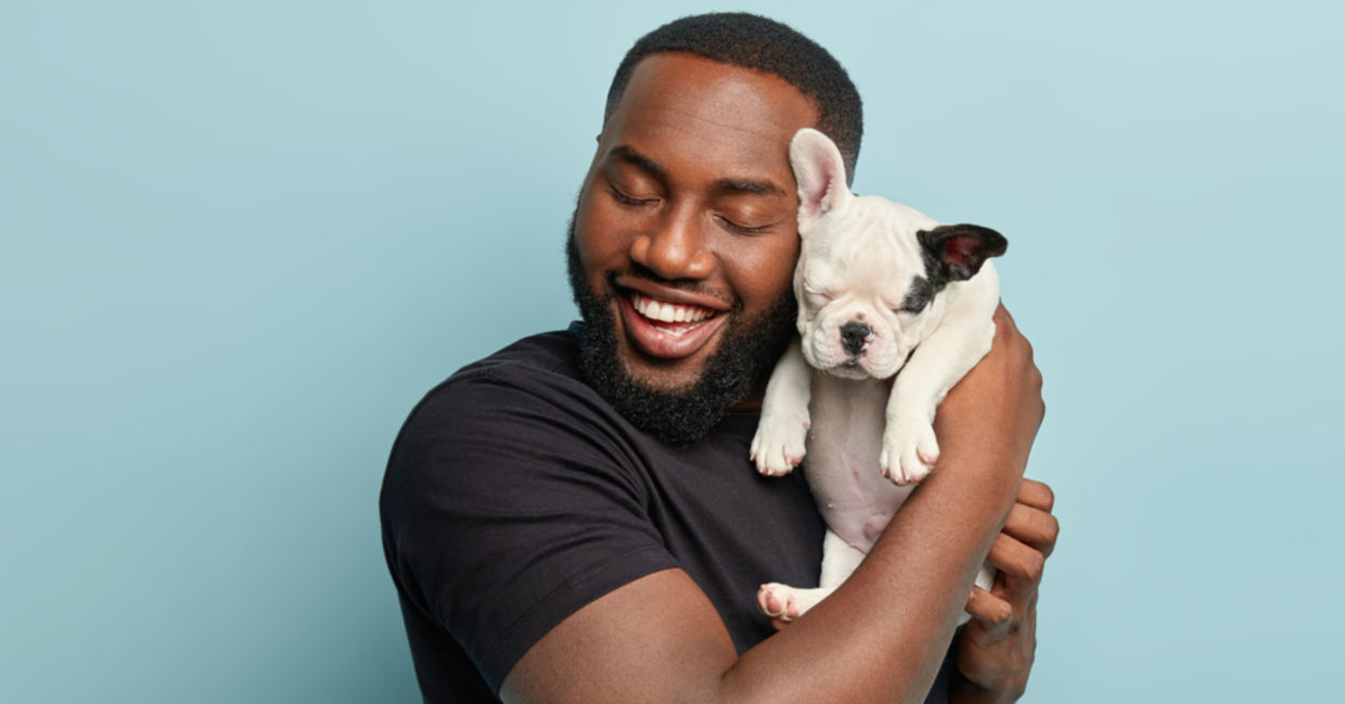 A joyful man hugs his French bulldog puppy. A joyful man hugs his French bulldog puppy.
