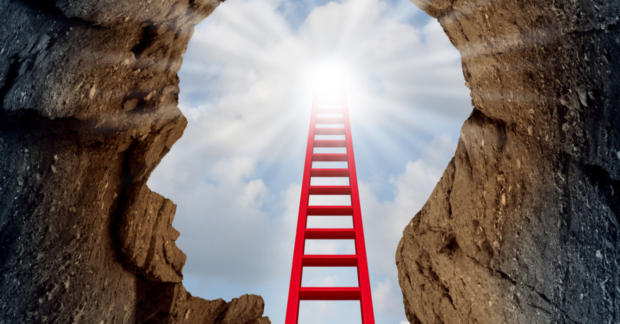 Spiritual discovery is depicted as a ladder leading up and beyond a cliff in the form of a human head. Spiritual discovery is depicted as a ladder leading up and beyond a cliff in the form of a human head.