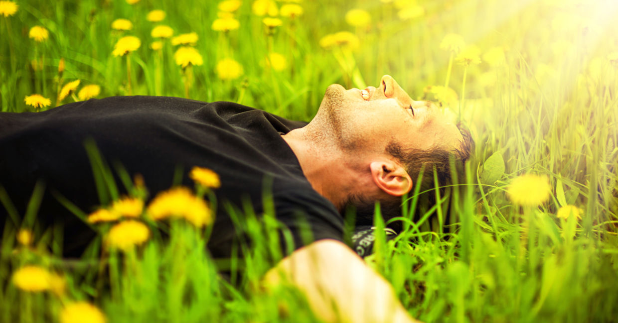 A man lies in a meadow of dandelions, with the sun shining on his smiling face. A man lies in a meadow of dandelions, with the sun shining on his smiling face.