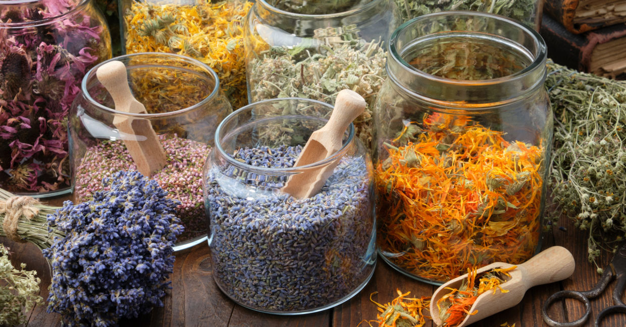 Jars and bundles of dried flowers used for making aromatic essential oils. Jars and bundles of dried flowers used for making aromatic essential oils.