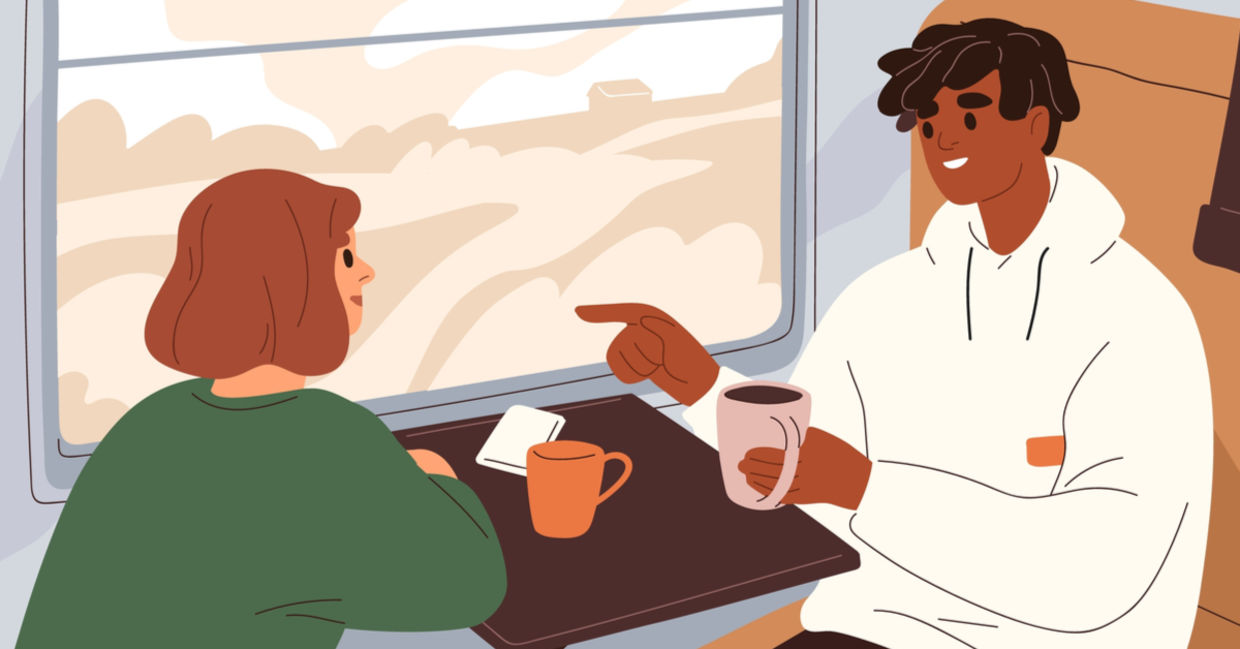 Talking to a stranger on a train. Talking to a stranger on a train.