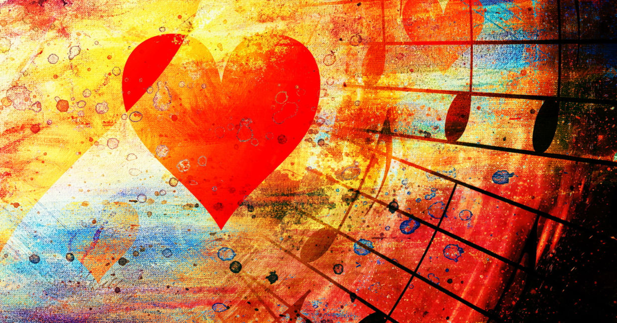 Collage with hearts and music notes, symbolizing a high frequency sound journey Collage with hearts and music notes, symbolizing a high frequency sound journey