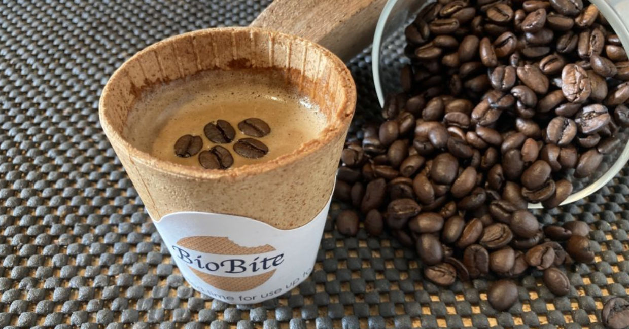 Coffee served in an edible cup. Coffee served in an edible cup.