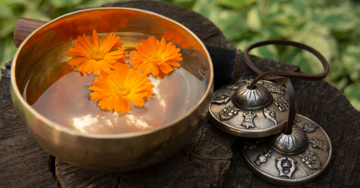 A copper singing bowl used in sound meditation. A copper singing bowl used in sound meditation.