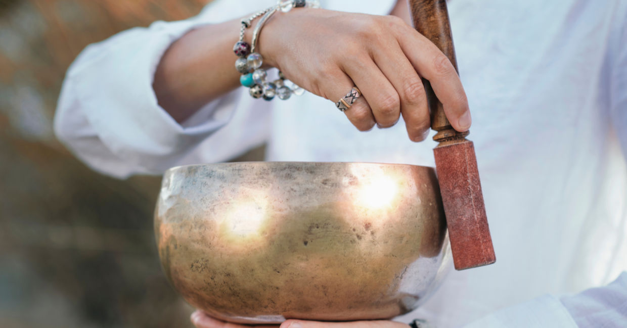 A Tibetan singing bowl is used for sound meditation. A Tibetan singing bowl is used for sound meditation.