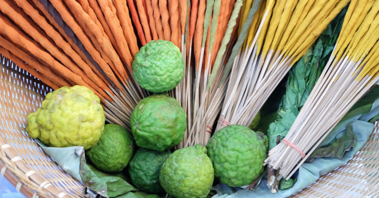 Bergamot fruit and colorful incense sticks. Bergamot fruit and colorful incense sticks.