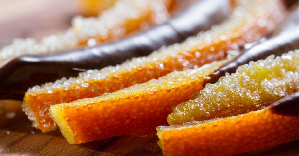 Candied orange peel, with a few dipped in chocolate. Candied orange peel, with a few dipped in chocolate.