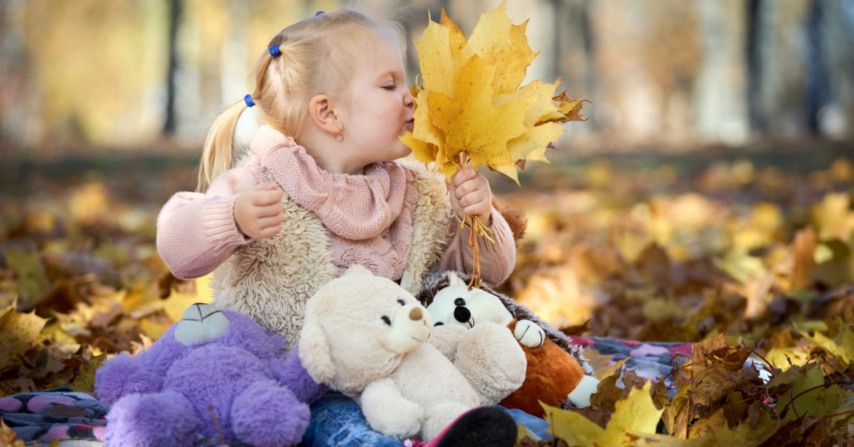 Little girl plays with yellowed autumn maple leaves with her soft toys around her Little girl plays with yellowed autumn maple leaves with her soft toys around her