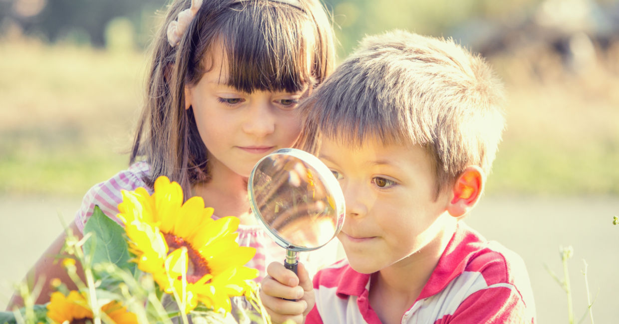 Smiling children playing with magnifying glass in a garden Smiling children playing with magnifying glass in a garden