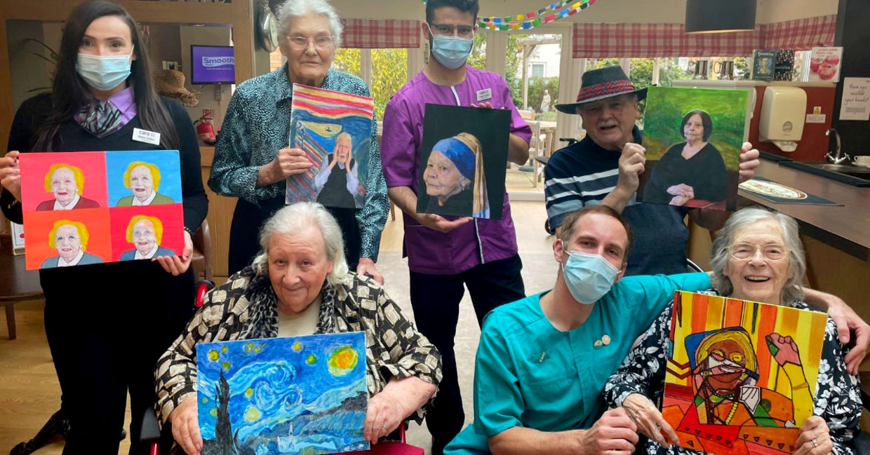 Residents at the Sandfields residential home for seniors pose with some of their art Residents at the Sandfields residential home for seniors pose with some of their art