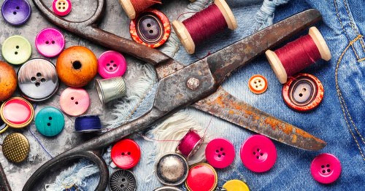 Thread, buttons, and scissors mend and repurpose clothes. Thread, buttons, and scissors mend and repurpose clothes.