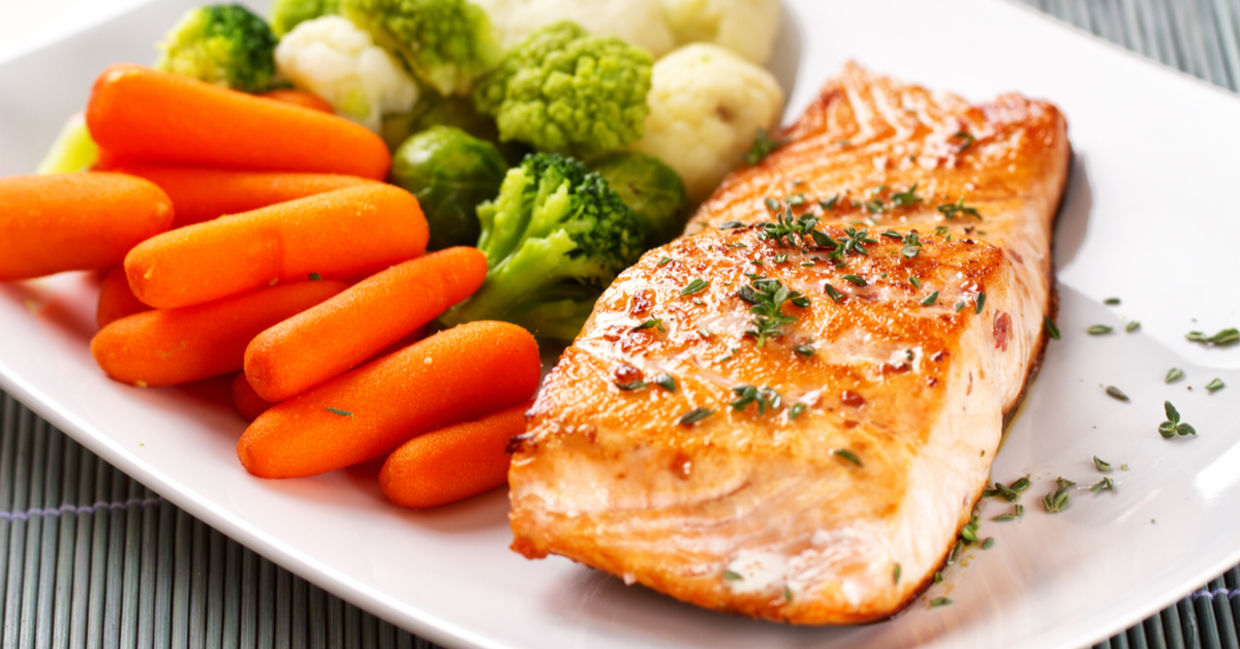 Eat healthy grilled fish and veggies. Eat healthy grilled fish and veggies.