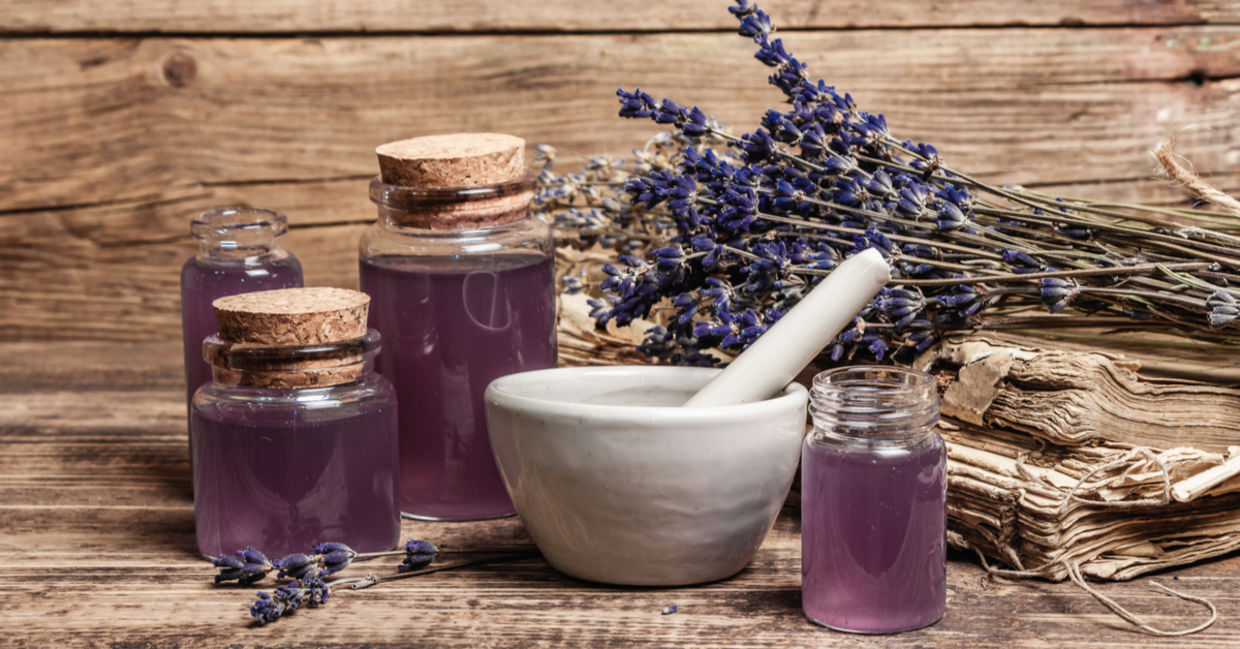 Bottles of essential lavender oil. which can help heal skin. Bottles of essential lavender oil. which can help heal skin.