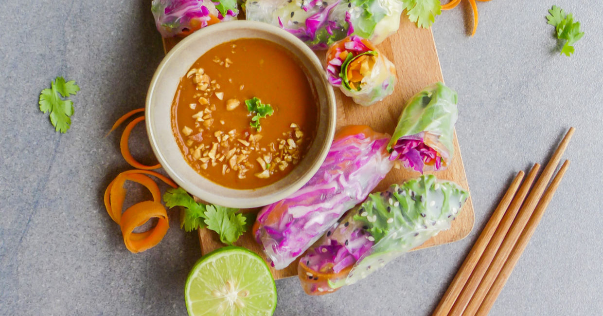 Thai peanut sauce served with vegetarian spring rolls. Thai peanut sauce served with vegetarian spring rolls.