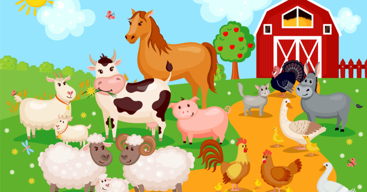 Cartoon of farm animals at ease on a farm. Cartoon of farm animals at ease on a farm.