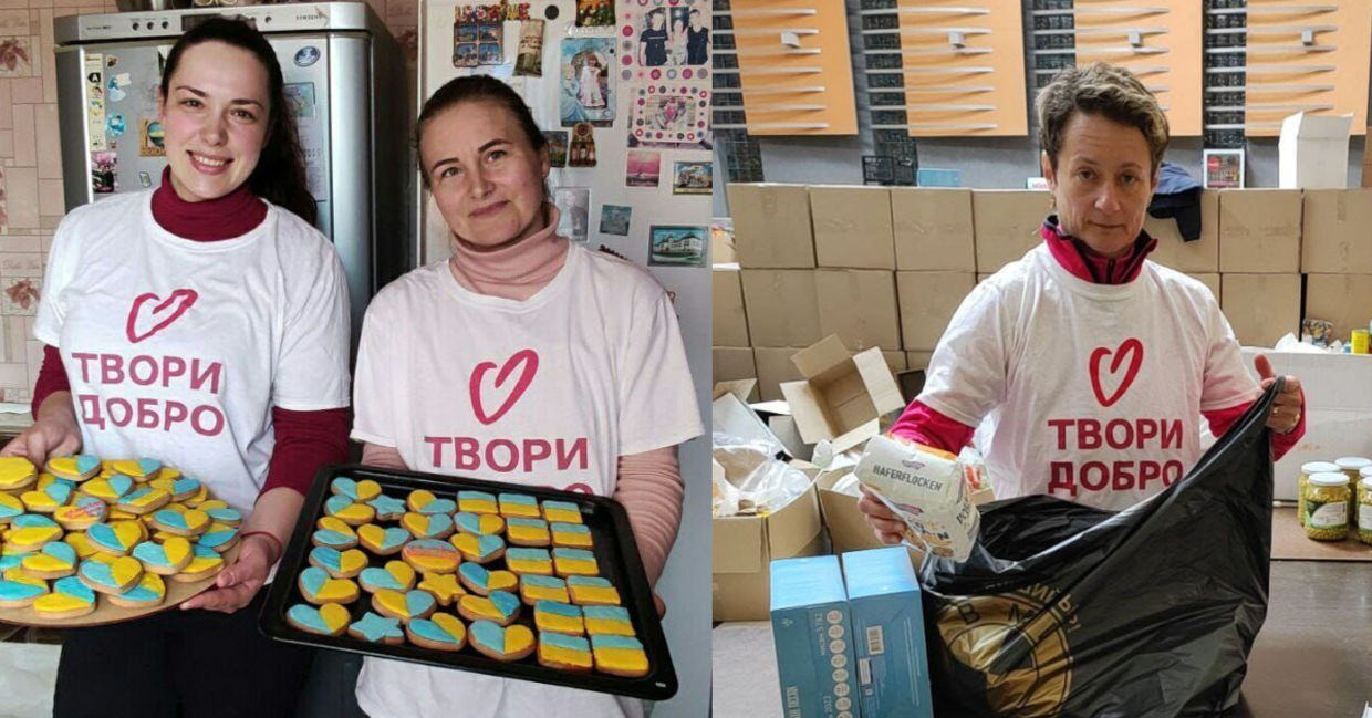 Ukrainian volunteers help put together kits for the elderly and large families. Ukrainian volunteers help put together kits for the elderly and large families.