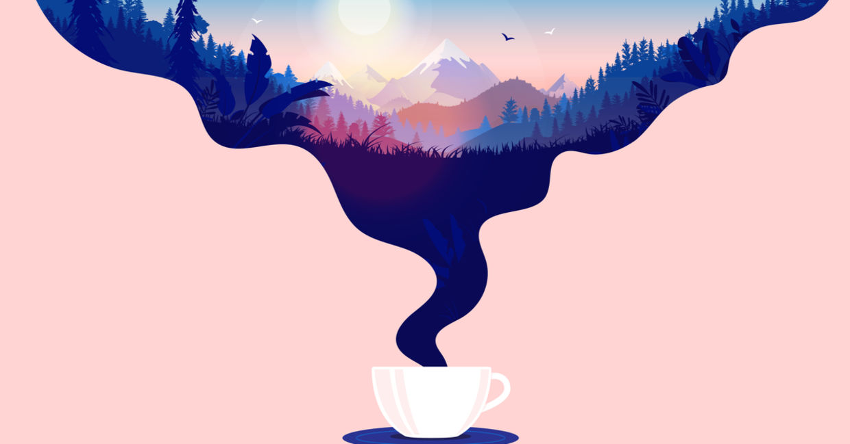 Coffee cup with steam and a beautiful sunrise in a landscape with forest, mountains and blue sky. Coffee cup with steam and a beautiful sunrise in a landscape with forest, mountains and blue sky.