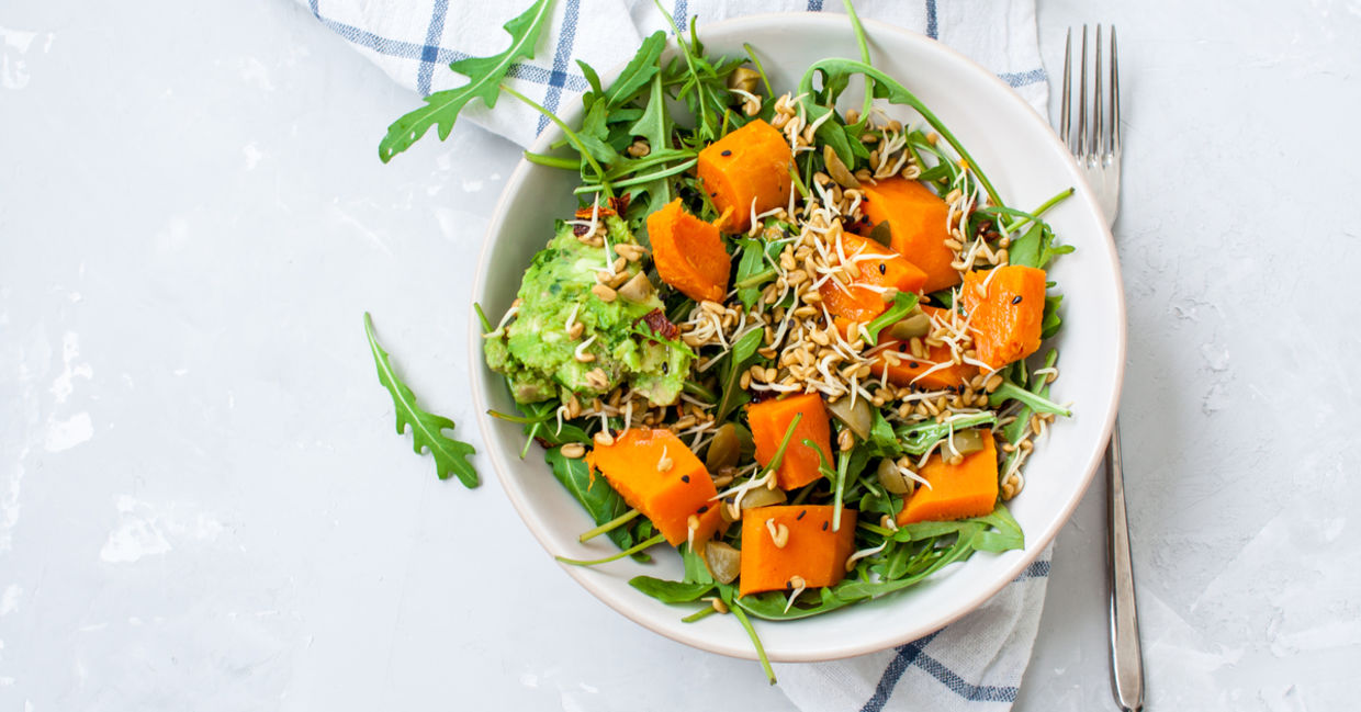 Add sweet potatoes to a healthy salad. Add sweet potatoes to a healthy salad.