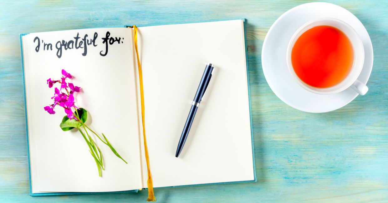 Gratitude journal with a pen and a cup of tea. Gratitude journal with a pen and a cup of tea.