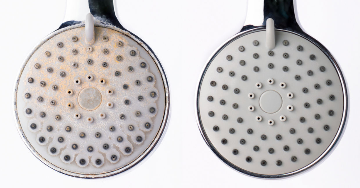 Two showerheads, one with limescale and one cleaned with citric acid. Two showerheads, one with limescale and one cleaned with citric acid.