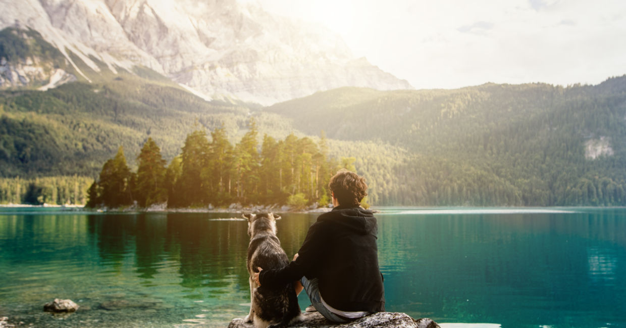 Man sitting with his dog in nature. Man sitting with his dog in nature.
