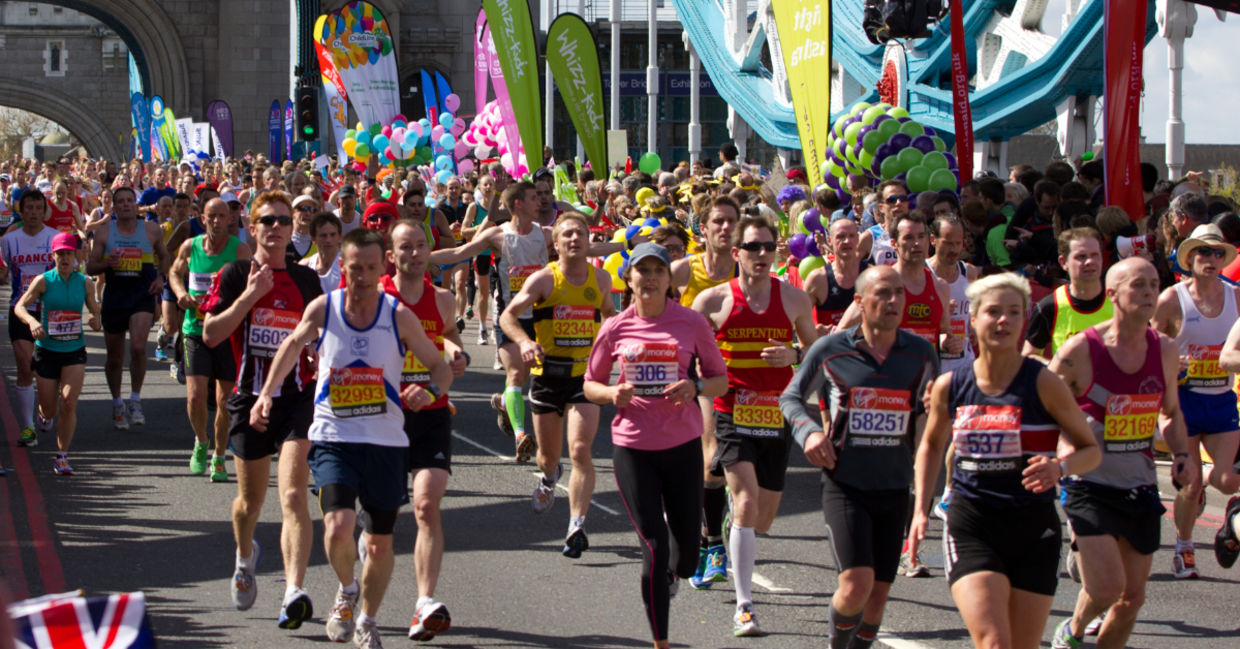 Runners competing in the London Marathon. Runners competing in the London Marathon.
