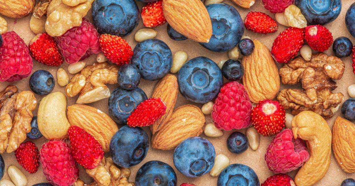 Nuts and berries are healthy foods to eat daily. Nuts and berries are healthy foods to eat daily.
