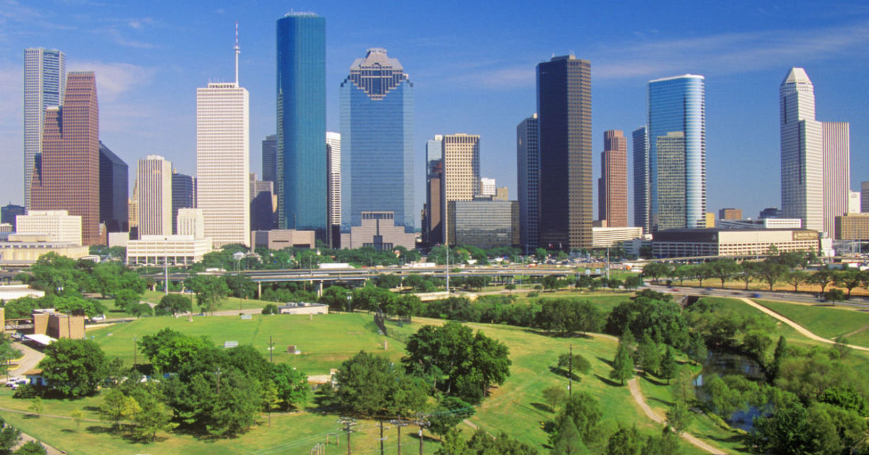 Houston skyline from Memorial Park before the restoration. Houston skyline from Memorial Park before the restoration.