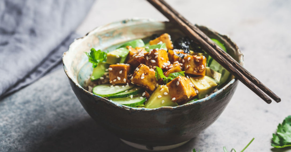 Healthy vegan poke bowl with tofu and vegetables. Healthy vegan poke bowl with tofu and vegetables.