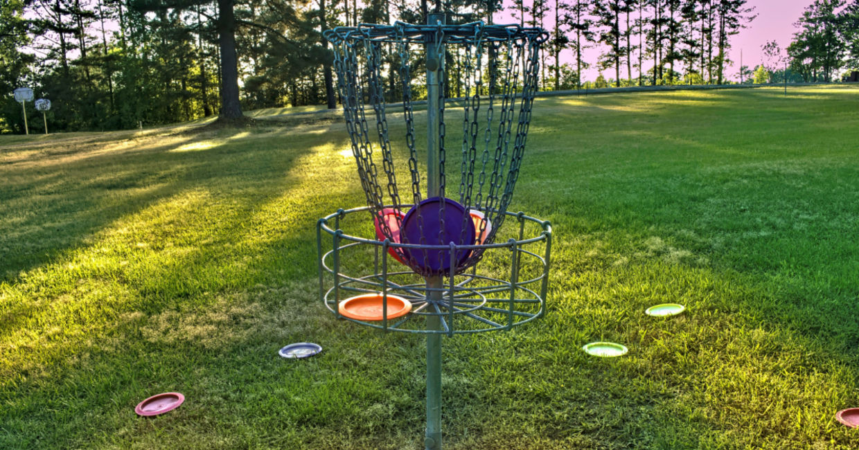 playing frisbee golf. playing frisbee golf.