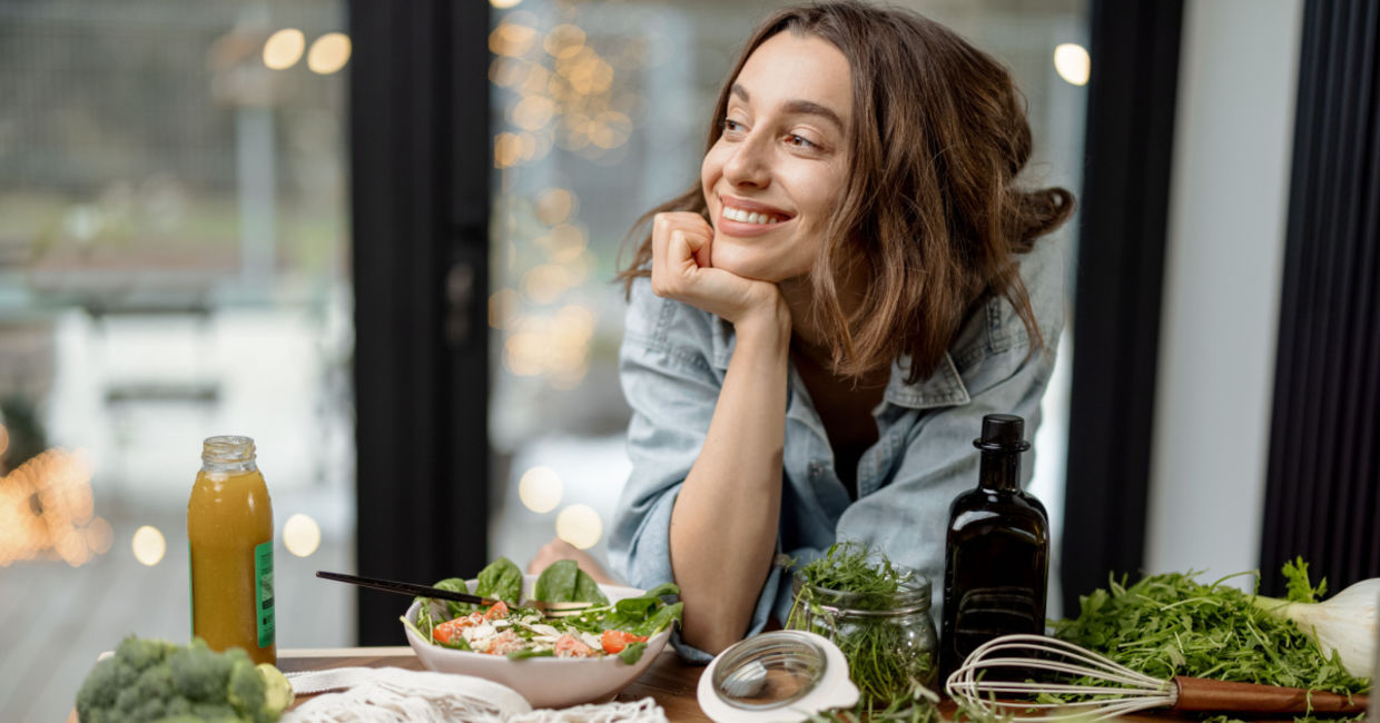 Enjoying a mood lifting green salad. Enjoying a mood lifting green salad.
