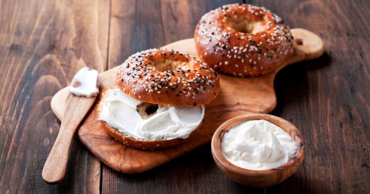 Bagel and low fat cream cheese. Bagel and low fat cream cheese.