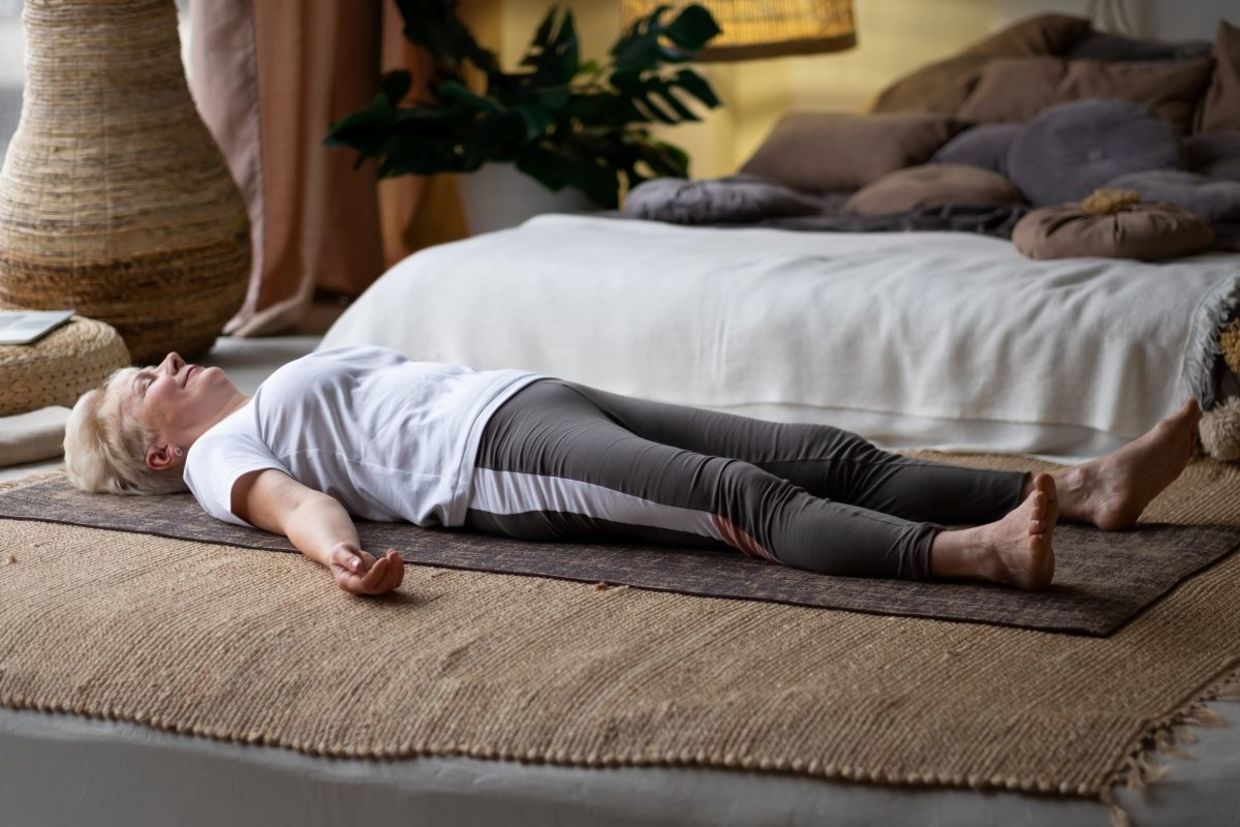 The corpse pose helps you relax. The corpse pose helps you relax.