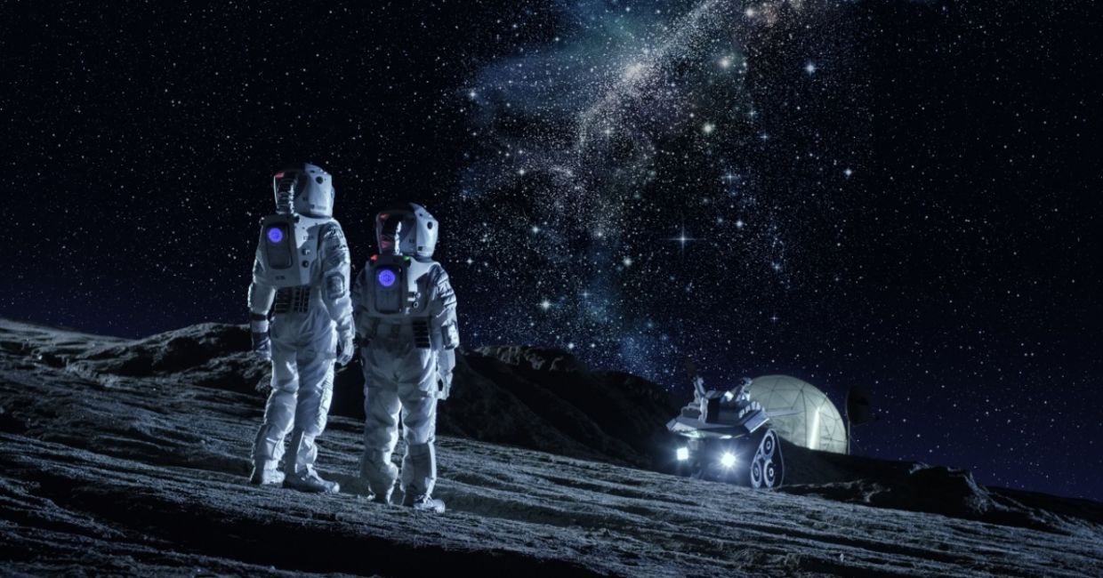 A futuristic view of astronauts on the moon. . A futuristic view of astronauts on the moon. .