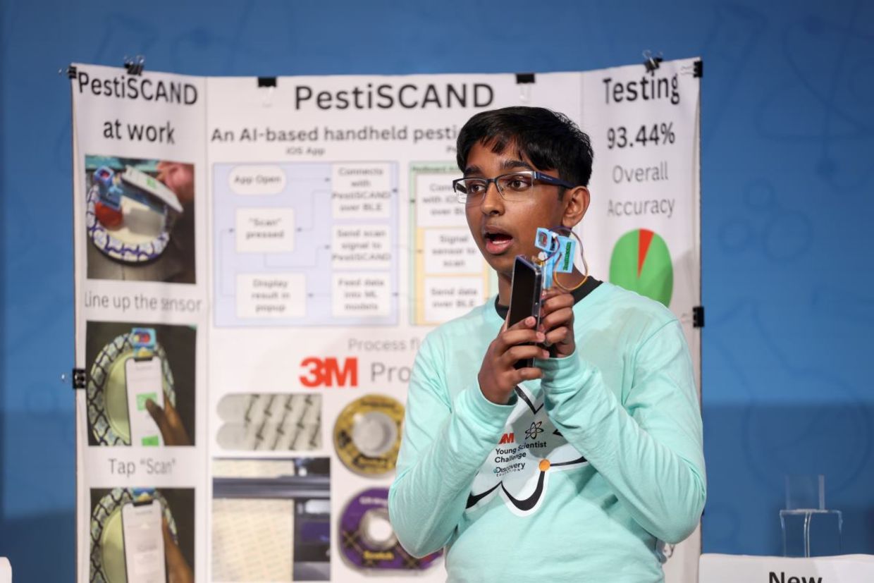 Sirish Subash and his handheld pesticide detector. Sirish Subash and his handheld pesticide detector.
