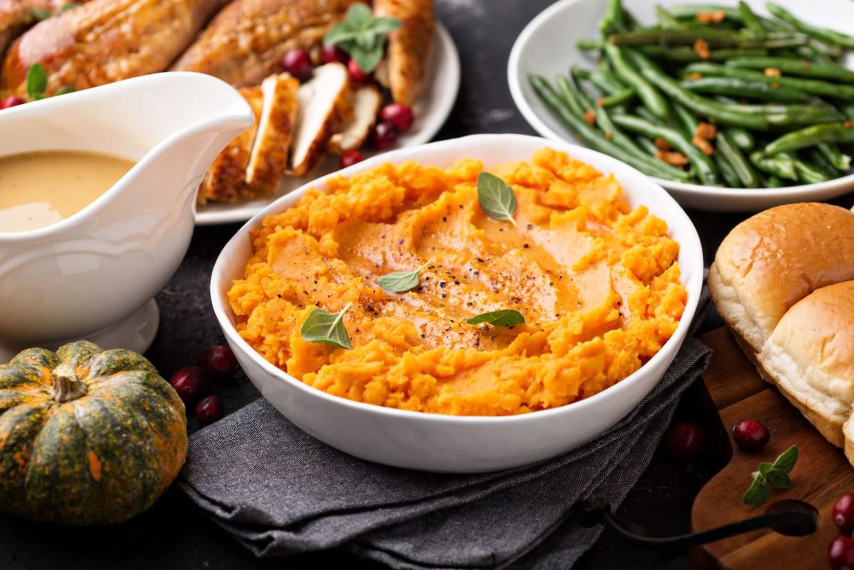 Mashed sweet potatoes are a healthy choice. Mashed sweet potatoes are a healthy choice.