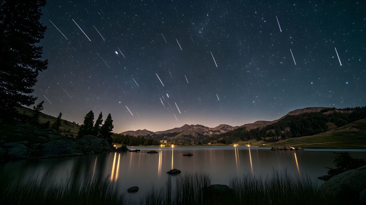 Meteor shower in the night sky. Meteor shower in the night sky.