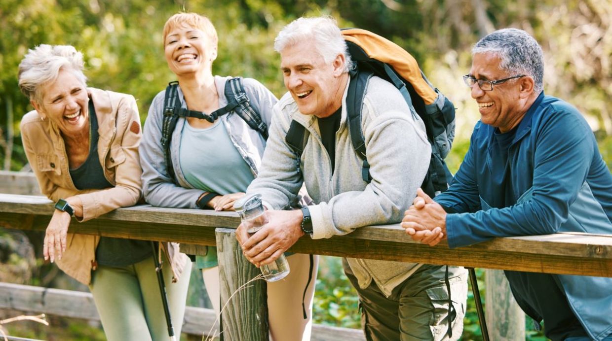 Healthy active seniors on a hike. Healthy active seniors on a hike.