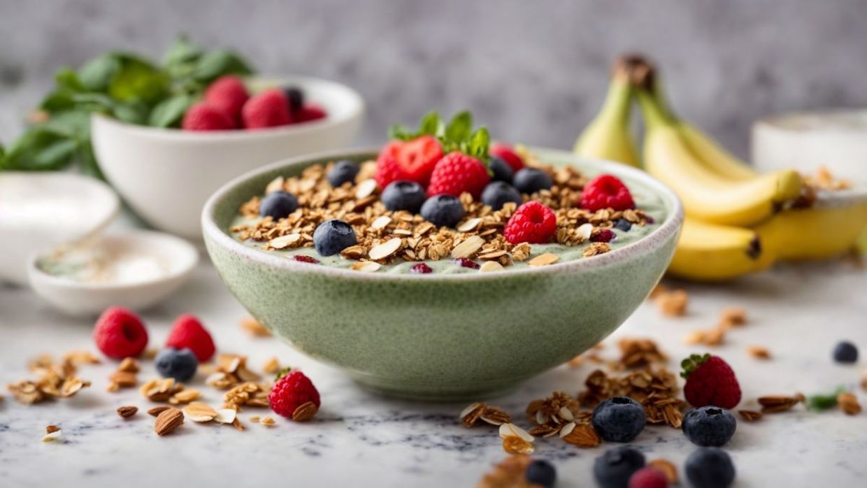 Eat a healthy breakfast with raspberries and bran flakes. Eat a healthy breakfast with raspberries and bran flakes.
