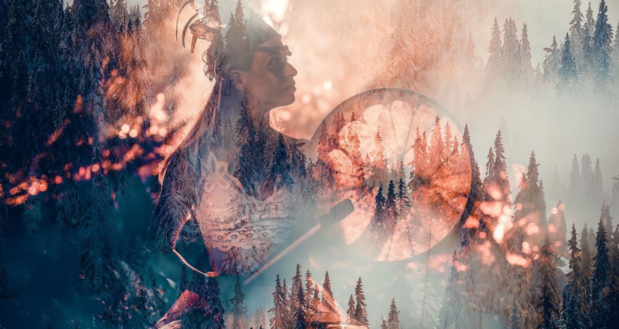 Shamanic playing on a frame drum for sound healing. Shamanic playing on a frame drum for sound healing.