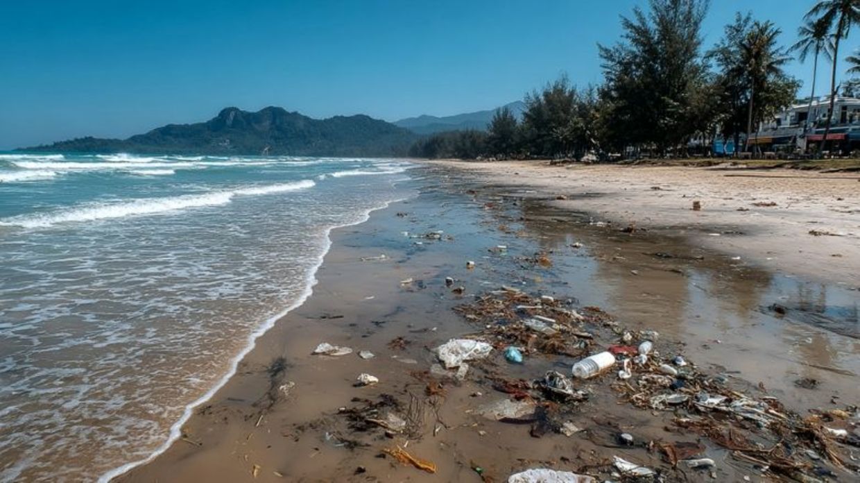 A polluted beach with scattered plastic trash.