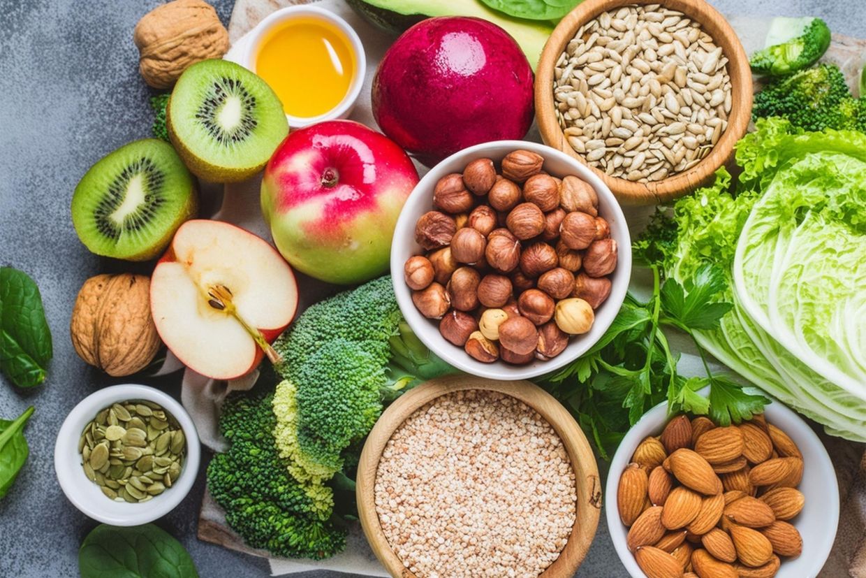 A selection of fiber-rich vegan food. A selection of fiber-rich vegan food.